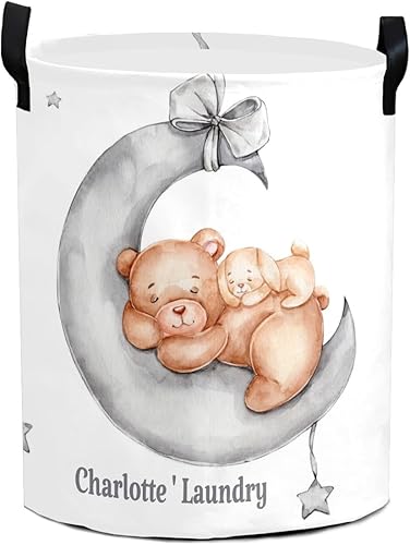 Sleepy - Cesta de ropa con asas personalizada, con diseño de oso de peluche y luna, impermeable, plegable, personalizable, para dormitorio, baño,