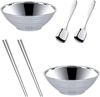 Vista 9 de Juego de tazones de sopa de fideos japoneses para ramen, 2 juegos (7.09 pulgadas), naranja y rojo, doble capa de acero inoxidable 18/8 con palillos