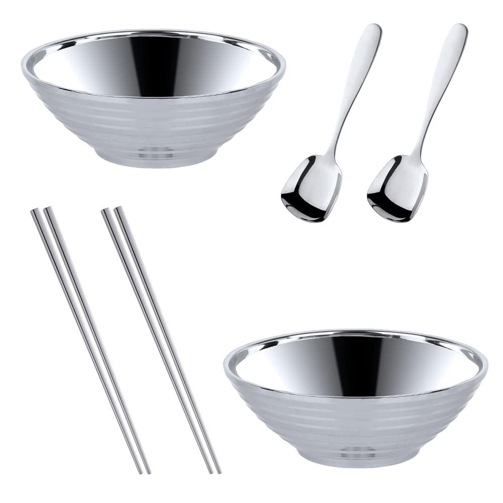 Japońskie zestawy misek do zupy z makaronem ramen, 2 zestawy (18 cm), srebrne, dwuwarstwowe, ze stali nierdzewnej 18/8, z pałeczkami i łyżkami