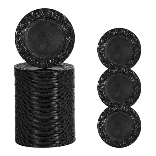 WoShewNu 150 Pcs Decorative Charger Plates Bulks, 13'' Round Plastic Dinner Chargers, Reusable Reef Serving Dishes for Dinner, Wedding, Catering, Parties, Restaurant, Home Decor (Black)