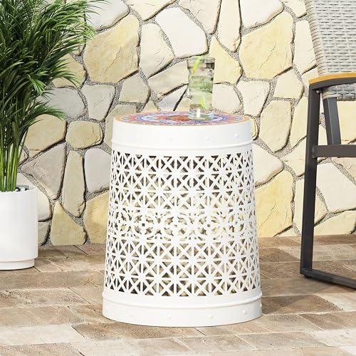 Taburete de jardín decorativo con tapa de estilo bohemio, mesa auxiliar en forma de tambor de hierro recubierto de polvo, estante para plantas de terraza interior y exterior, diámetro 9,5 pulgadas -1