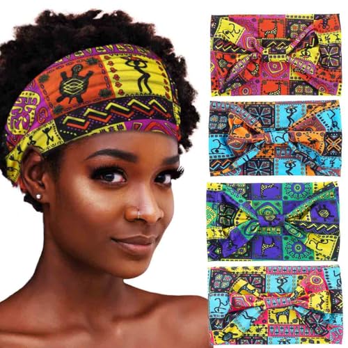 Aceorna African Headbands Boho Knotted Hairbands Stretch Wide Head Wraps Elastic Yoga Turban Hair Scarfs Workout Printed Hair Accessories for Women Pack of 4 (Style H)