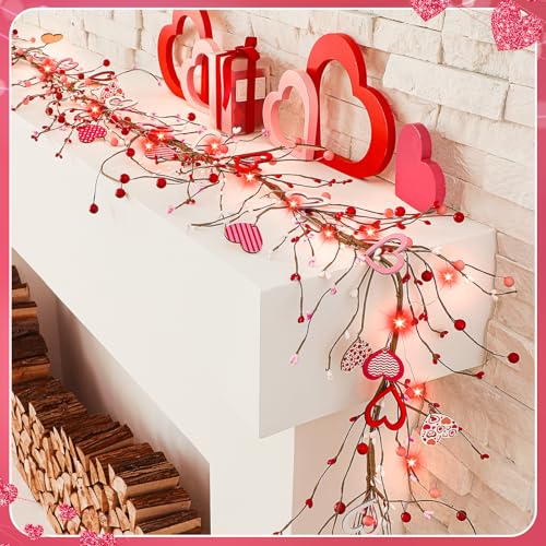 Thiccywoov 9.84 ft Valentine's Day Garland Valentines Day Wreath Decor Red Pink White Berry Heart Garland with LED Lights Artificial Vine for Valentines Wedding Anniversary Door Fireplace Home Decor by Thiccywoov - Image 2