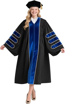 GradPlaza Doctoral Gown with Gold Piping, 8 Sided Tam Academic Regalia | Designed for PhD graduates, professors, and faculty members attending important university ceremonies and celebrations.