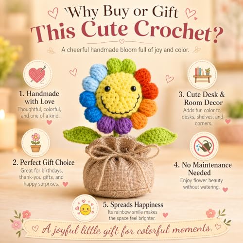 Image of Handmade Crochet Rainbow Smiley Flower in Jute Bag 16 cm, Mini Artificial Crochet Flower Pot, Cute Desk Decor for Home, Office Table, Shelf, Birthday, Friendship & Thank You Gift