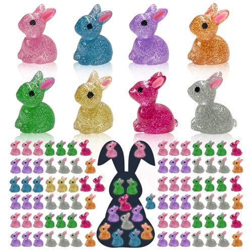 AWEELON 120Pcs Mini Resin Glitter Bunnies Glow in Dark Resin Rabbit Figures for Fairy Garden Luminous Mini Portrait Fairy Garden DIY