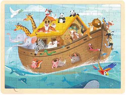 MoinKidz Wooden Puzzles for Kids Ages 3-5, Noah's Ark 100 Piece, Religious Scene Christian Bible Puzzles for Kids Ages 4-8 with Storage Tray