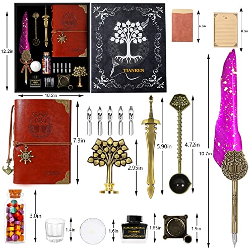 Tianren Quill Pen And Ink Set,Antique Feather Dip Pen,Antique Calligraphy Pen With 5 Replaceable Nibs,Wax Seal Stamp Kit,Wax Beads & Leather Writing Notebook Gift For Men&Women.(Purplered) #TOP1