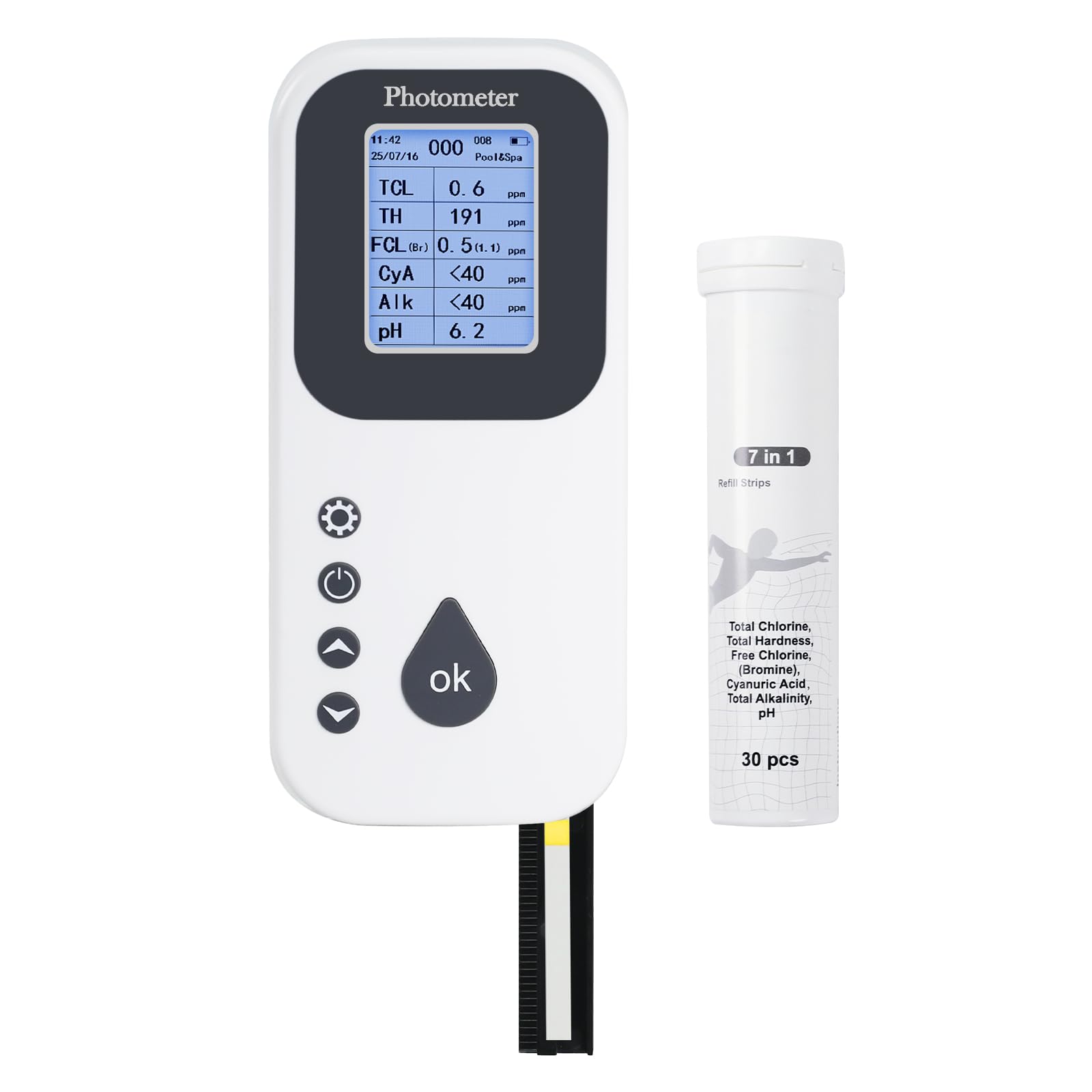 Kit Digital 7 en 1 para Análisis del Agua de Piscinas Medidor de pH, Cloro, Bromo, Dureza y Alcalinidad, Registro de Datos, Puerto USB con Analizador de Agua y Tiras Reactivas para Piscinas y Spas