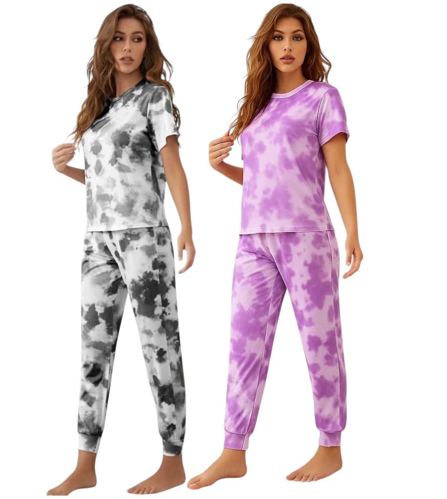 adixus Women's Two-Piece Loungewear Set, Short Sleeve T-Shirt and Jogger Pants, Tie-Dye and Abstract Print Patterns-picture-0