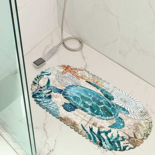 Molfuj Non Slip Sea Turtle Bathtub Mat With Suction Cups, Oval Pebble Shower Mat For Baby Tub,Safety Vinyl Anti-Skid Decoration Bath Mat, Coastal Ocean Beach Nautical Themed Decor Bathroom Accessories #TOP5