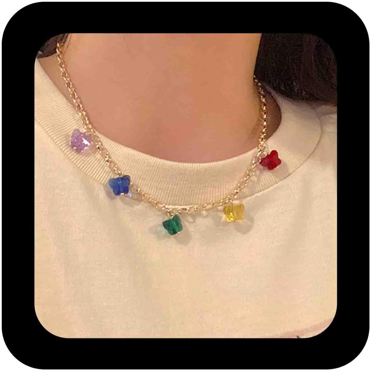 Bohemian Rainbow Butterfly Choker Necklace Colorful Acrylic Butterfly Pendant Necklace Gold Butterfly Collar Necklace Minimalist Butterfly Chain Necklace Jewelry for Women