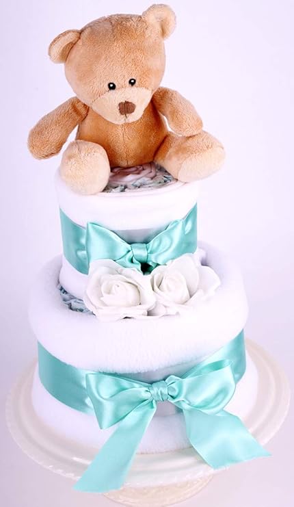 Gateau De Couches Pour Bebe A 2 Etages Cadeau Unisexe Vert Menthe Amazon Fr Bebe Et Puericulture