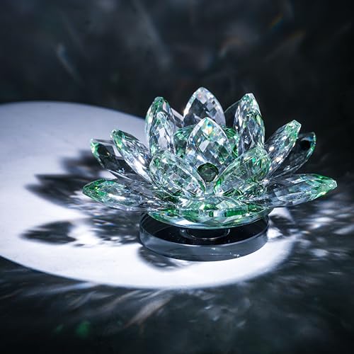 Image of FengShui Crystal Lotus Flower Showpiece & Paper Weight | Vastu Decor for Home & Office | Desk Decoration | Feng Shui Items for Good Luck, Wealth & Gifting | Green (Large-12.5 x 6.5 CM)