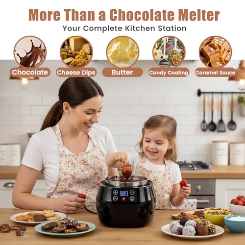 Chocolate Melting Pot with LED Display & Auto-Temp Control, Electric Chocolate Melter Warmer for Dipping Strawberries, Cake Pops & Fondue - Comes with 2 Silicone Molds for DIY Candy & Chocolate Making