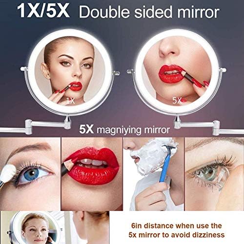 KELITINAus USB Rechargeable Shaving Mirror with 5X Magnification, Upgrade Auto Off Led Bathroom Mirrors Wall Mounted with 3 Color Lights, 360°Swivel and Extendable, Chrome, 8Inch