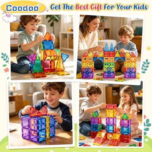 Coodoo 60 PCS Magnetic Building Tiles Kids Toys STEM Magnetic Blocks Sensory Toys Kids Games Magnet Building Toy for Boys and Girls Aged 3+, Kid Brain Development Preschool Kindergarten Toddler Toy
