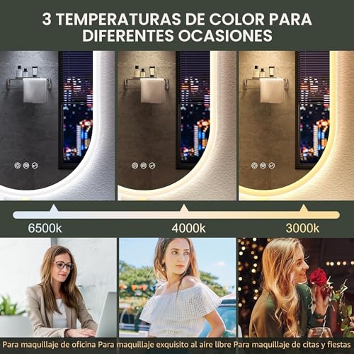 Miniatura 5 de S Bagno 60x90cm Espejo-Baño-Con-Luz En Forma De Pista, 3000k 4000k 6500k Espejo-Baño-Led-Bluetooth Mit Antivaho, Ip44 Espejo-De-Baño-Con-Led Mit Función De Memoria, Horizontal Vertical