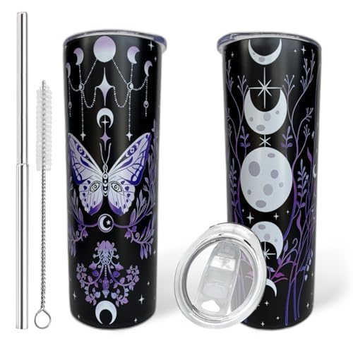 Goth Tumbler with Straw and Lid Gift for Boys Girls Gothic Water Bottle Halloween Travel Kettle Cup for Car Cold and Hot Stainless Steel Double Wall Insulated Mug (butterfly moon, 20oz)