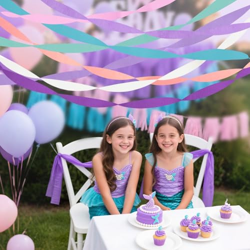 Image of Streamers Party Decorations, 8 Rolls Crepe Paper with Purple, Blue, Mint and White Party Streamers for Mermaid Birthday, Winter Party Decorations, Baby Bride Shower,Wedding