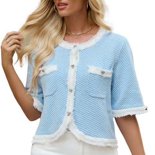 Womens Short Sleeve Cardigan Trendy Crew Neck Button Down Lightweight Summer Sweaters Tops