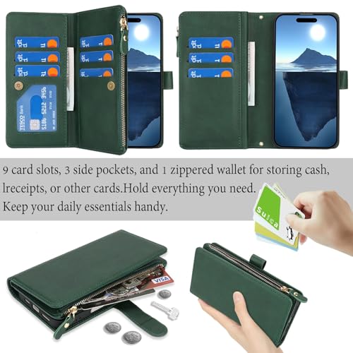 Jaorty Wallet Case for iPhone 16 with Strap,for iPhone 16 Case Wallet for Women Men,[9 Card Slots] [Wrist Strap] Zipper Cash Pocket Magnetic Leather Cover Case,6.1 inch Dark Green by Jaorty - Image 2