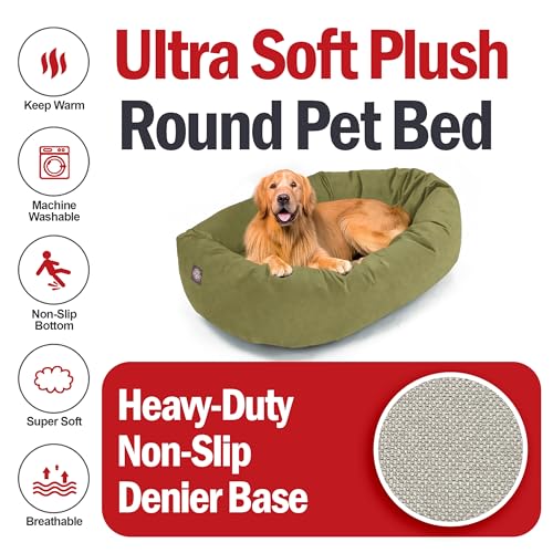 Image of Majestic Pet Suede Shredded Memory Foam Mix Calming Dog Bed Washable - Cozy Soft Round Dog Bed with Spine for Head Support - Fluffy Donut Dog Bed, 40 Inch, Sage