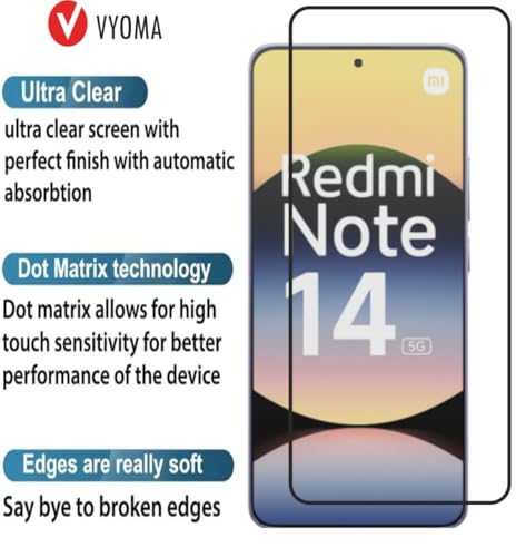 Image of VYOMA Military-Grade Gorilla Tempered Glass for Redmi Note 14 5G / Note 14SE (Black) Edge to Edge Screen Protectors, High Clarity, 9H Hardness, Scratch Resistant, Military-Grade, Shatterproof, Screen Guard with Easy Installation Kit