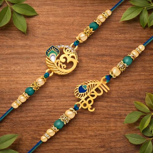Image of Riddhika Ventures Glorious Gold Plated Auspicious Diamond Ring Rakhi (Set of 2) with Roli Chawal and Greeting Card