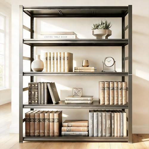 Image of Bookshelf For Home Organization, Large Industrial Metal Shelving, Heavy Duty Storage Shelves For Books And Display. 5 Tier Adjustable Open Standing Book Shelf For Living Room,Black47.2 inchWx23.6 inchDx87.9 inchH