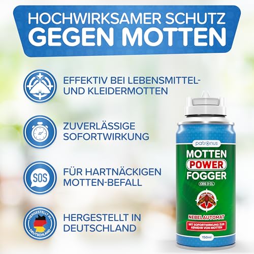 Patronus Motten Power Fogger - 150ml - effektiver Vernebler mit maximalem Sofortschutz gegen Motten, Kleidermotten, Lebensmittelmotten, für schwierig erreichbare Motten-Verstecke, deutsche Produktion