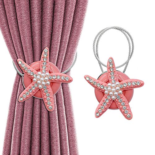 Starfish Curtain Tiebacks Magnetic Curtain Holdbacks Crystal Curtain Holdback Hooks Magnetic Curtain Buckles Tieback Clips for Window Decor Decorative Tie Back Curtain Holder Pink 2 Pack