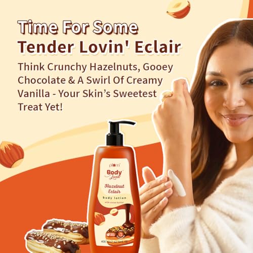 Image of Plum BodyLovin' Hazelnut Eclair Body Lotion | Cocoa Butter & Vitamin B5 for Deep Moisturization | Hazelnut & Vanilla Notes | Non-Greasy & Lightweight | Soft, Smooth & Glazed Skin | For Dry To Very Dry Skin | Toasted Nutty Choco-Vanilla Fragrance | 400ml