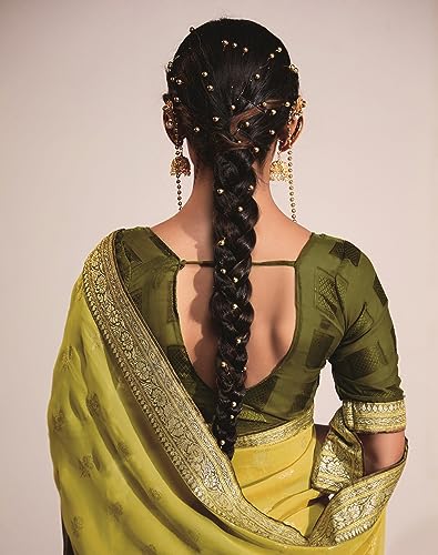 Image of SIRIL Women's Lace & Foil Printed Georgette Saree with Unstitched Blouse Piece(2826S473 Yellow, Olive Green)