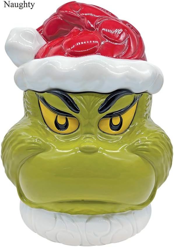 Enesco Dr. Seuss Grinch by Jim Shore Santa Grinch Naughty or Nice Two-Sided Cookie Jar with Lid, Ceramic Hand Crafted Canister Collectible Christmas Home Decor Kitchen Gift, 10.45 Inch, Multicolor