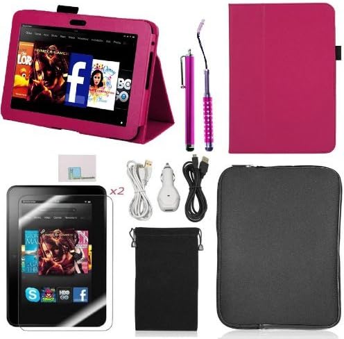 Llamamia Folio Stand PU Leather Case Cover Bundle for Kindle Fire HD 7 Inch (2012 Version) with Car Charger, Two 6F Cables, Velvet Bag, Zipper Sleeve Bag, 2 Screen Protectors, 2 Stylus(Not Compatible with Kindle Fire HD 7 2013 Release)(Hot Pink)