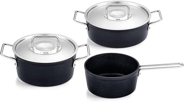 Fissler 156-114-03-000 Pot Set, Coating Pot, Adamant, 3-Piece Set, A, Stew Pot, 7.9 inches 20 cm, Casserole, 9.4 inches 24 cm, Saucepan, 7.1 inches 18 cm, Stainless Steel Lid, Gas Fire/Induction