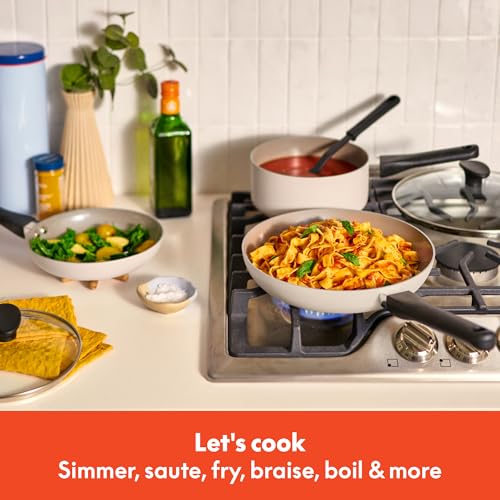 Image of bella 12 Piece Cookware Set with EverGood Ceramic Nonstick Coating, Dishwasher & Oven Safe, All Stovetops Compatible, Tempered Glass Lids and Cool Touch Handles, Oatmilk