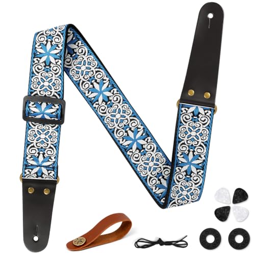 Aucuu Sangle Guitare, Sangle en Jacquard avec Extrémités en Cuir, Sangles de Guitare pour Guitare Réglable, Brodé Jacquard Styles Vintage en Vedette,pour Sangles...