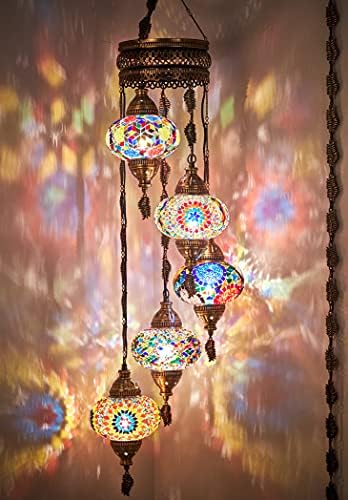 DEMMEX Swag Plug in Light, Turkish Moroccan Colorful Mosaic Stained Glass Wall Plug in Ceiling Hanging Light Chandelier Lighting with 15feet Chain Cord & Plug, 5 Big Shades (Multicolor)