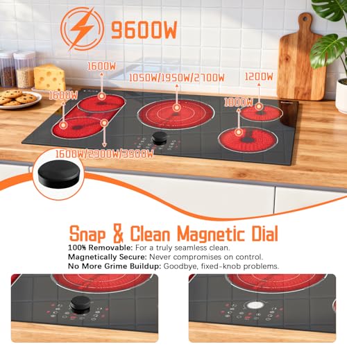 Image of 36 Inch Electric Cooktop(35.43 x 20.47inch), 5 Burner Built-in Electric Stove Top, 9600W 240V Cooktop with Magnetic Knob, Touch Control, 99Min Timer, Safety Lock, BBQ