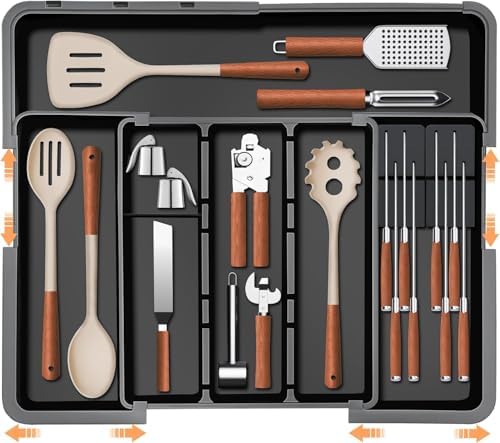 Cutlery Drawer Organiser, Expandable Kitchen Drawer Organiser, Expandable Utensil Tray with 2 Removable Knife Blocks, Utensil Organiser for Multipurpose Kitchen Storage (Black2) image 3