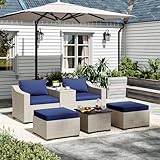 LHBcraft 6 Pieces Patio Conversation Set, Sectional Furniture Sofa Set, Wicker Couch with Coffee Table and Cushions for Poolside, Backyard, Blue
