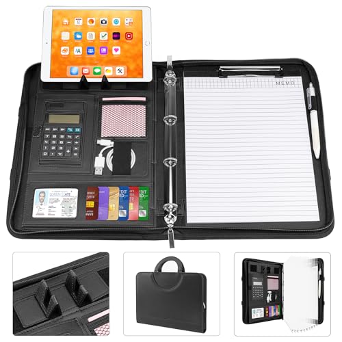 Pechor Leather Zipper Conference Folder A4 Magnetic Handle with Phone Stand, Travel Document Folder Portfolios, Business Ring Binder, Calculator, Padfolio Clipboard for Interview