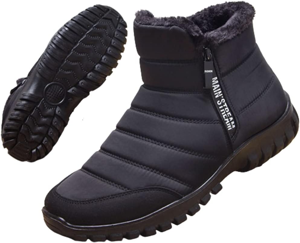FFAACCAMen's Waterproof Warm Cotton Zipper Snow Ankle Boots, Winter Warm Slip on Thick Plush Mens Snow Boots, Non-Slip Winter Shoes for Men (Black,7.5)