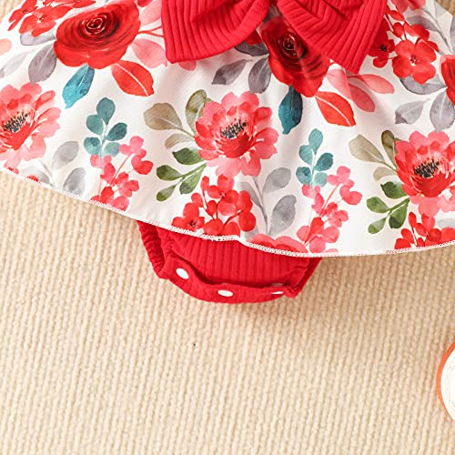 Cute Infant Baby Girls Romper Patchwork Jumpsuit Flower Print Lace Ruffled Bowknot Front Dress Romper Headband (Red, 6-12 Months) #TOP5