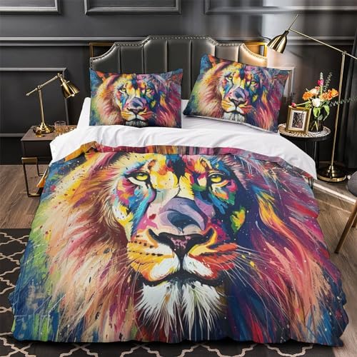 Housse de couette lion parure de lit 3 pièces en microfibre 260x220cm