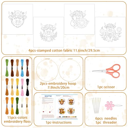 Image of BEUNITONE 4pcs Embroidery Kit, Highland Cow & Sunflowers Stamped Embroidery Kits with Hoop, Thread & Needles, Colorful Cross Stitch Kits Sewing Gifts for Adults and Beginners, DIY Craft for Relaxation