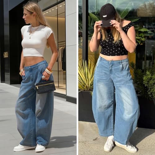 Image of EXLURA Womens Barrel Jeans Wide Leg Y2K Boyfriend Denim Pants Hip Hop Vintage Baggy Jeans Cotton Mid-Low Elastic Waist Pants