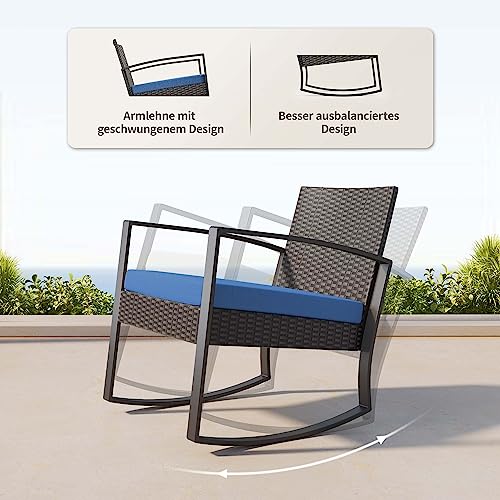 Bealife Conjunto de Muebles de Jardín para 2 Personas, Juego de 3 Piezas de Ratán Sintético Impermeable con Cojines, Mesa y Sillas para Terraza, Balcón, Patio, Porche, Piscina (Azul) - imagen 4